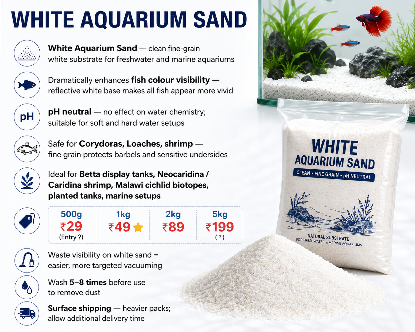 White Aquarium Sand – Fine Grain Freshwater and Marine Substrate